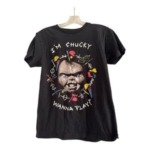 CHUCKY-I Am Chucky Wanna Play? Men’s Black  Horror T-Shirt-Size Small